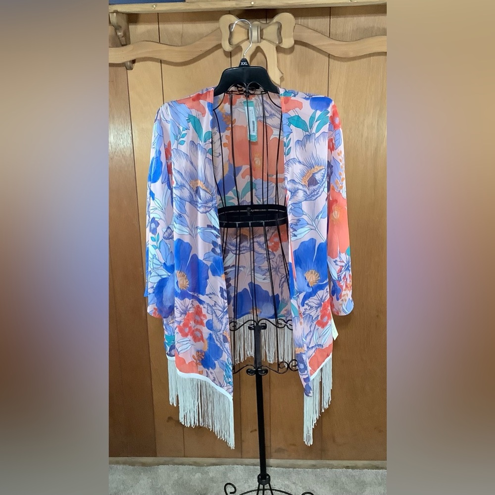 Vibrant Floral Women's Cape with Fringe